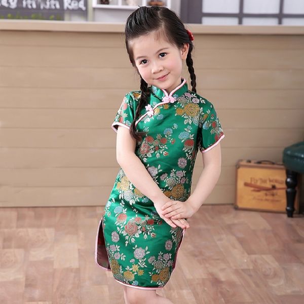 Verde Chinês Menina Vestido Crianças Qipao Chi-Pao Cheongsam Presente Roupas Roupas Roupas Roupas Roupas Floral Ano Novo 210413