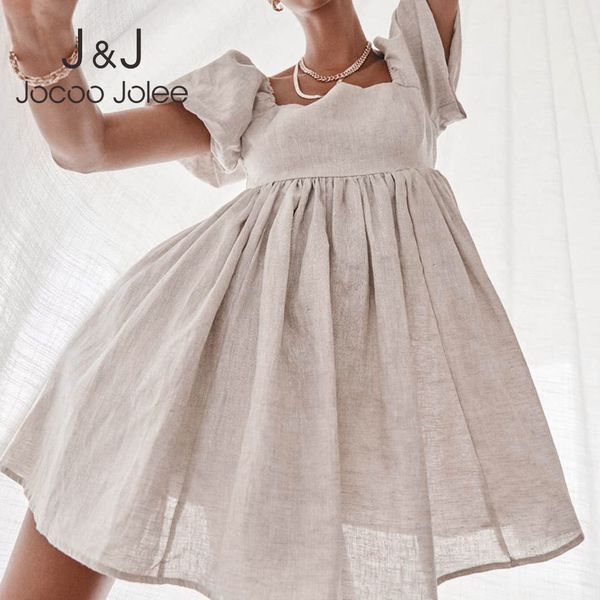 

jocoo jolee ruched puff sleeve a-line vintage casual mini dress summer square collar women high waist linen solid ladies 210518, Black;gray