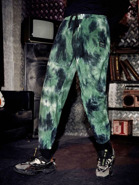 

men tie dye letter patched detail drawstring waist corduroy pants a6cp#, Black