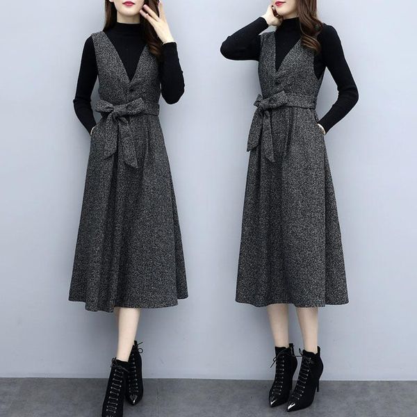 

casual dresses braces dress autumn spring women elegant sweater pullover long 2 piece set knitted midi slim suit big size, Black;gray
