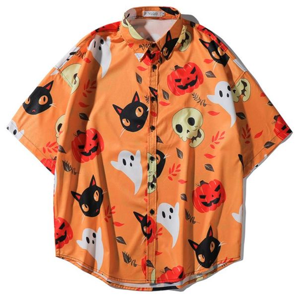 

men's casual shirts hip hop hawaiian men summer short sleeve halloween pumpkin printed streetwear oversized harajuku beach vintage, White;black