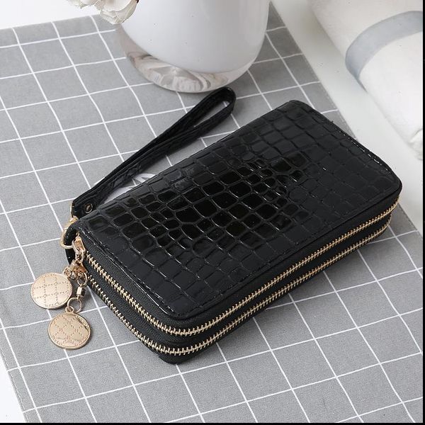 

double zipper wallet bag for women female pu leather phone card holder coin pocket clutch purses money bags fashion handbag, Red;black