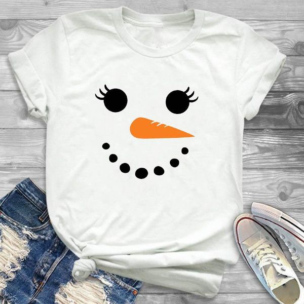 

women's t-shirt women snwman face womens tee tees graphic female t shirt t-shirts cute year happy fashion print merry christmas, White
