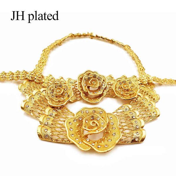 

jewelry sets dubai luxury 24k gold color flowers of women african ethiopian necklace bangles earrings ring wedding gifts, Black