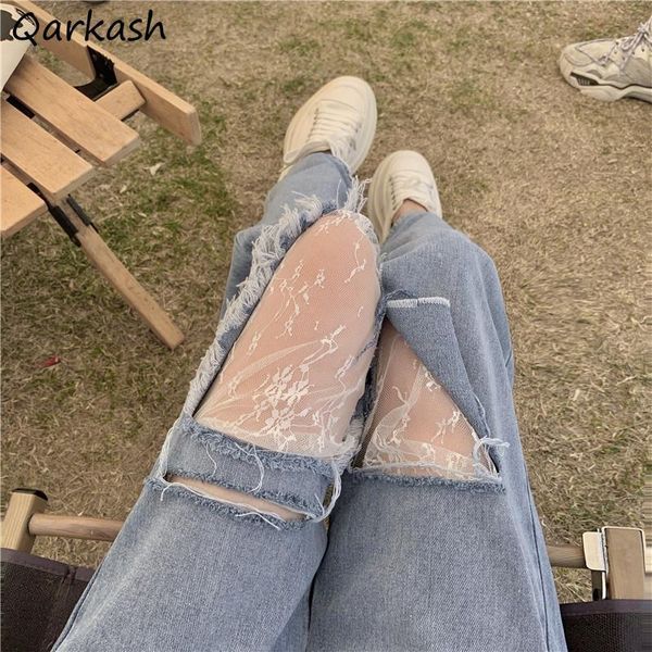

women's jeans women ins summer hole full length trousers lace casual baggy design all-match fashion high street preppy, Blue