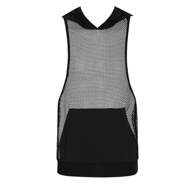 

men fishnet see through tank muscle workout hooded t-shirt mesh transparent tees mlae running sportswear clubwear jerseys, Black;blue