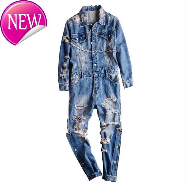 

Men's Jeans -XXXL European and American retro fashion denim jumpsuit male hip hop hole jeans trend casual tooling JT5E, Blue