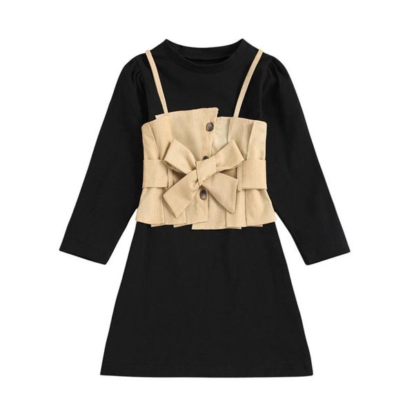 

girl's dresses little girls casual three-piece clothes set, black long sleeve dress, khaki spaghetti strap camisole and waistband, 2-7y, Red;yellow