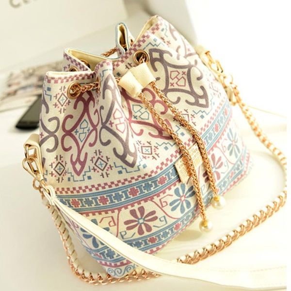 

shopping bags women canvas print drawstring tassel bucket bag shoulder lady faux pearl letter tote crossbody