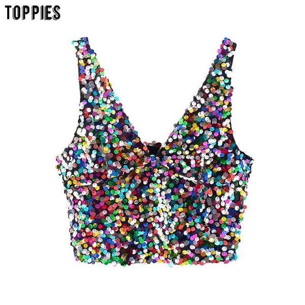 

woman sequined harajuku sleeveless crop tank v-neck club wear 210421, White