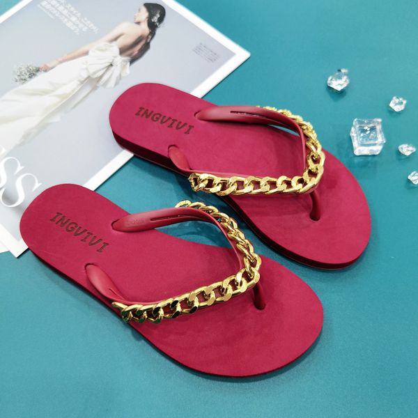 

luxury slippers chain flip flop for women to wear korean beach sandals in summer, Black