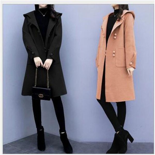 

women's wool & blends 2021 autumn winter clothing women's jackets mid-length hooded coats loose retro woolen coat clothes, Black