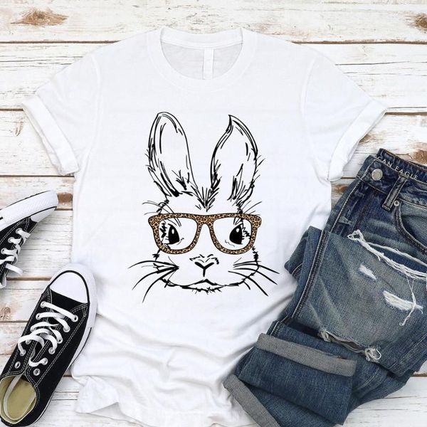 

women's t-shirt easter t shirt funny with leopard glasses print cotton tees for day gift, White
