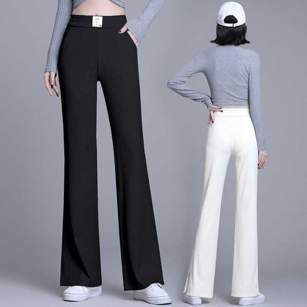 

summer temperament women straight leg high waist pants harajuku wide micro flare trousers 210531, Black;white