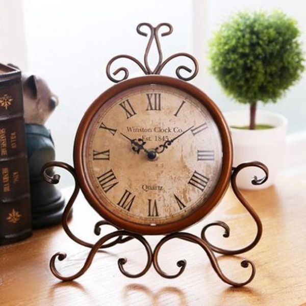 

european style retro antique vintage wrought iron craft table clock for home desk cabinet decoration (brown) & clocks
