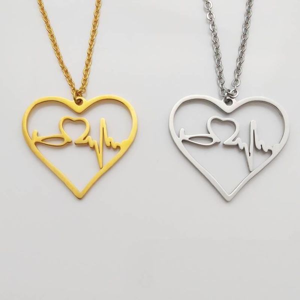 

pendant necklaces 2021 fashion heart shape ecg necklace peach stainless steel jewelry cardiogram for women valentines gift, Silver