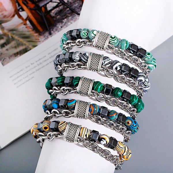

beaded, strands charms men's malachite stone beads bracelets bileklik stainless steel gunmetal link chain yoga homme women jewelry, Black