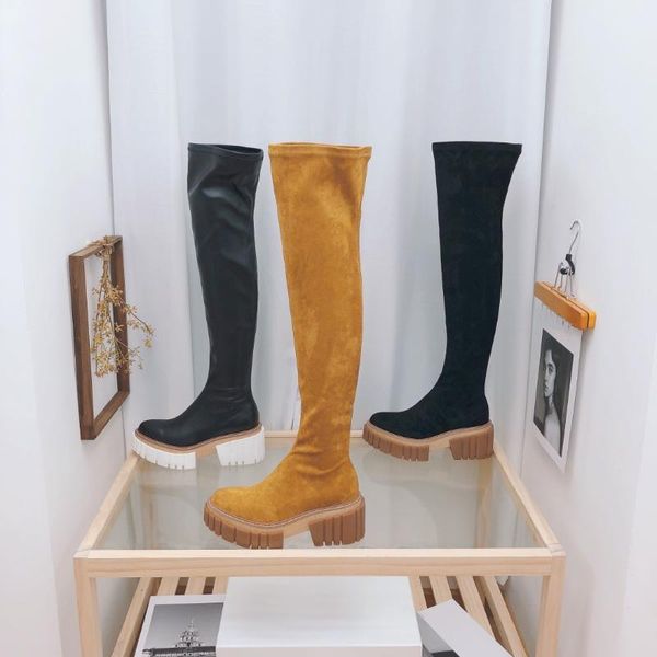 

boots women shoes winter genuine leather round toe square heels platform slip on stretch over the knee zapatos de mujer, Black