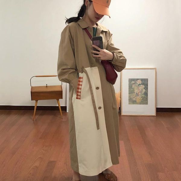 

women's trench coats [ewq] 2021 spring long-sleeved turn down collar single breasted patchwork loose over knee windbreaker overcoat wit, Tan;black