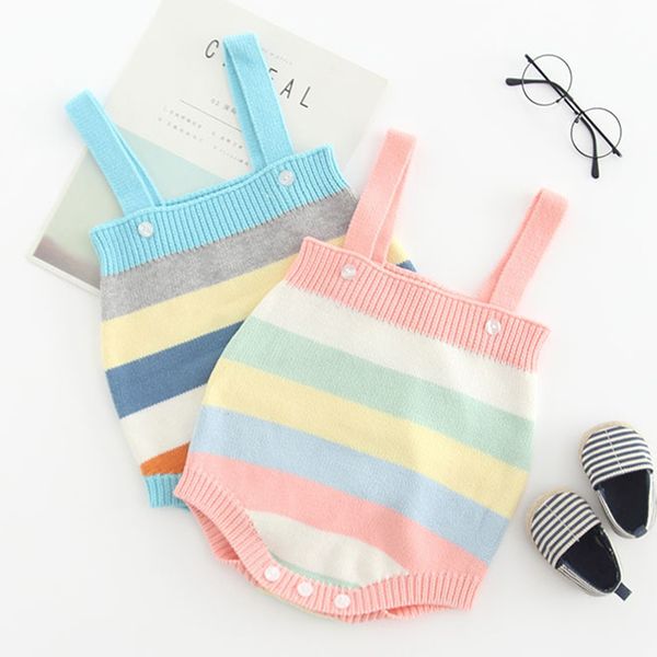 

spring autumn born boys girls rainbow stripe jumpsuits clothes baby rompers braces knitted children 210429, Blue