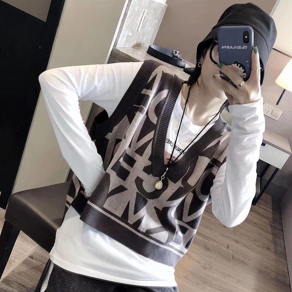 

women 2021 fashion oversized letter printing knitted vest sweater vintage v neck sleeveless side vest female waistcoat chic, White;black