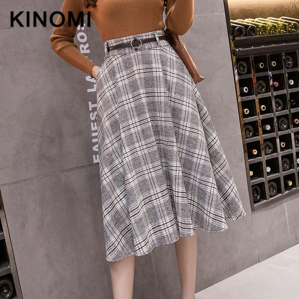 

skirts kinomi autumn winter women sashes woolen plaid midi a-line vintage 2021 high waist knee-length skater with pocket, Black