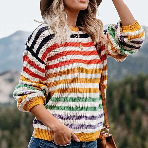 

women's sweaters rainbow striped women round-necked long-sleeved knitted pullover sweater pull femme nouveaute 2021, White;black