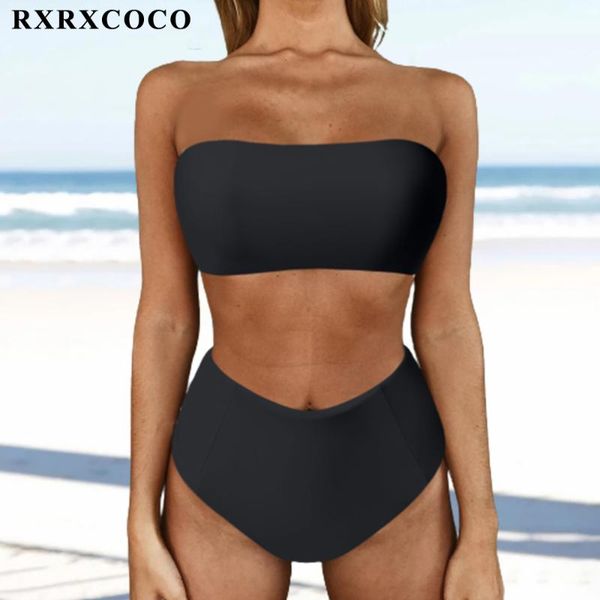 

women's swimwear rxrxcoco bandeau women 2021 high waist bikini set push up printed swimsuit beachwear bathing suit solid, White;black