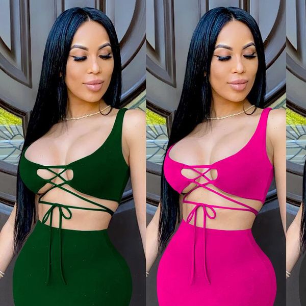 

solid two pieces set women tracksuits lace up crop bodycon mini skirts tracksuit summer deep v club 2, Gray