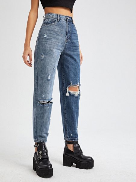 

high waist colorblock ripped mom jeans p8fg#, Blue