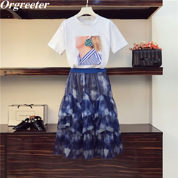 

summer two piece set women chic sequined earring character print tshirt and ink printing elastic ball gown mesh skirt suits 210525, White