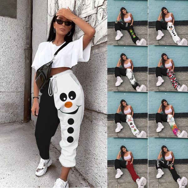 

women christmas print patchwork waist lounge sweatpantselastic pocket overalls ladiesprint pants sweatpants women's & capris, Black;white