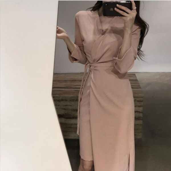

casual dresses genayooa winter midi for women lace up v neck dress long sleeve elegant solid vestidos korean style, Black;gray
