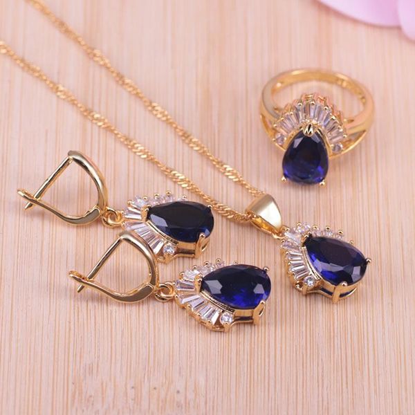

wedding jewelry sets earrings-rings-necklace-pendant set gold color blue crystal white cz pear square for women, Slivery;golden