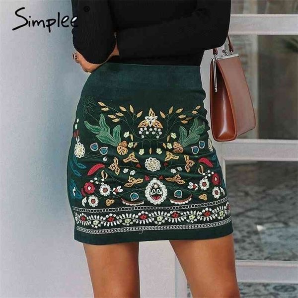 

vintage high waist skirts bottom boho pencil corduroy winter female embroidery autumn green mini 210621, Black