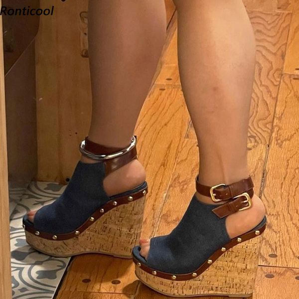 Rontic 2021 Moda Mulheres Plataforma Sandálias Denim Buckle Studs Wedges Salto Peep Toe Elegante Blue Night Club Shoes Tamanho 5-20