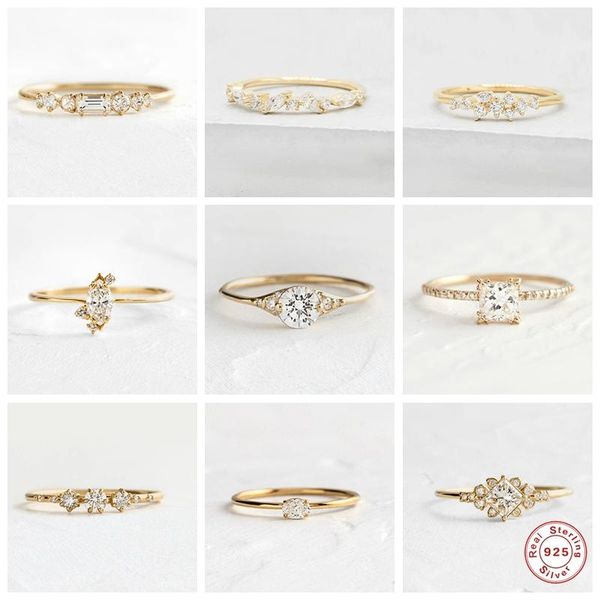 

cluster rings luxury 925 sterling silver ring minimalist bling white zircon finger for women lovers' couples anillos wedding jewelry, Golden;silver