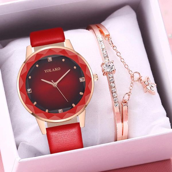 

wristwatches yolako brand women gradient dial bracelet watch set luxury leather quartz analog wrist watches relogio feminino zegarek damski, Slivery;brown