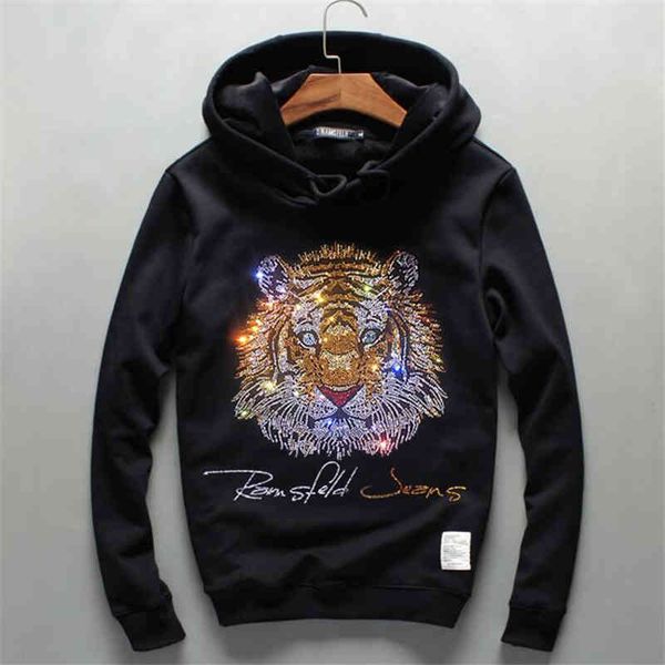 

hoodie men winter hooded pullover sweatershirt with thick long sleeved cashmere stone tiger cardigan fashion hoody, Black