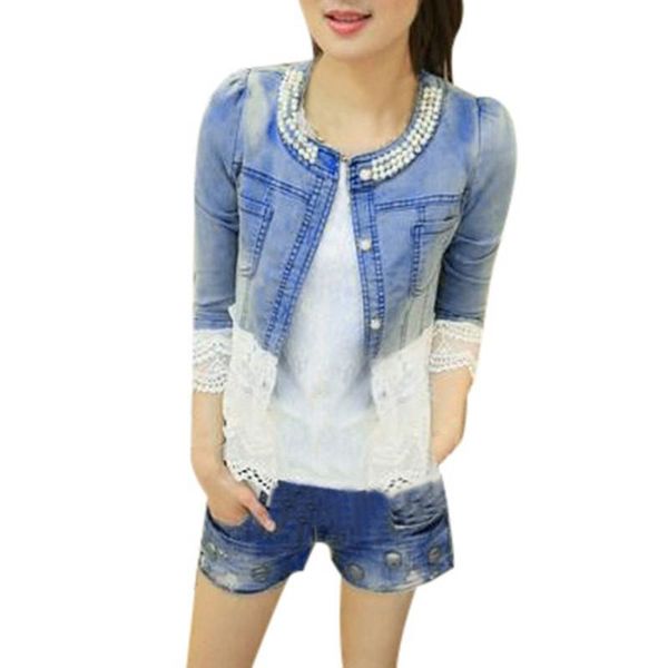 

women's jackets meqeiss women denim cool soft casual lace half sleeve jacket long jean coat bead outwear overcoat female wlhg, Black;brown