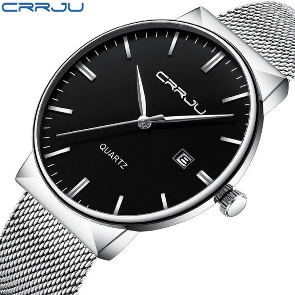 

wristwatches crrju men's minimalist watches ultra thin watch men sports quartz-watch stainless steel mesh strap date clock, Slivery;brown