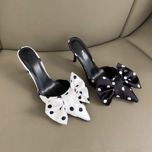 

slippers bow-knot women luxury slides high heels sandalias mujer pointed toe leather ladies shoes outside zapatos de, Black