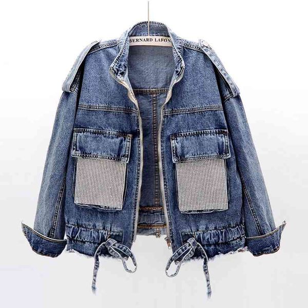 

women stand collar zipper diamond pocket denim jacket punk moto biker c0144 210514, Black;brown