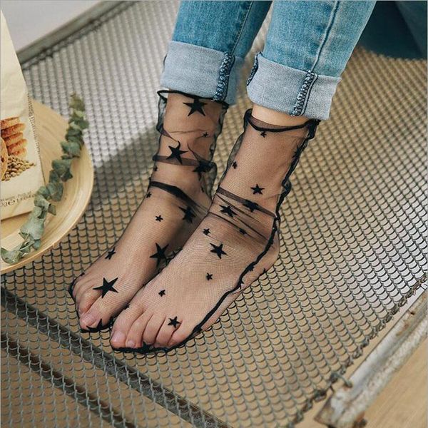 

socks & hosiery ljcuiyao women cute lace grid ruffle ankle soft silk elastic mesh knit frill trim transparent summer women's female, Black;white