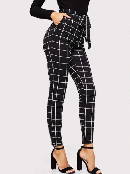 

grid print self-tie belted pants q8ts#, Black;white