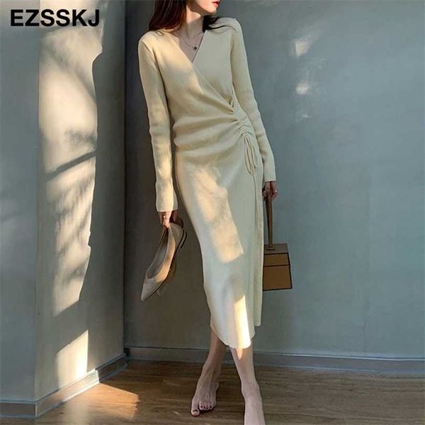 

pure color thick dress warm autumn winter maix sweater women bodycon v-neck drawstring long female 211110, Black;gray
