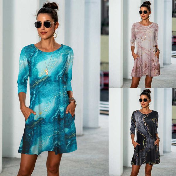 

and 2021 autumn winter women's seven point sleeve ethnic element printed dress, Black;gray