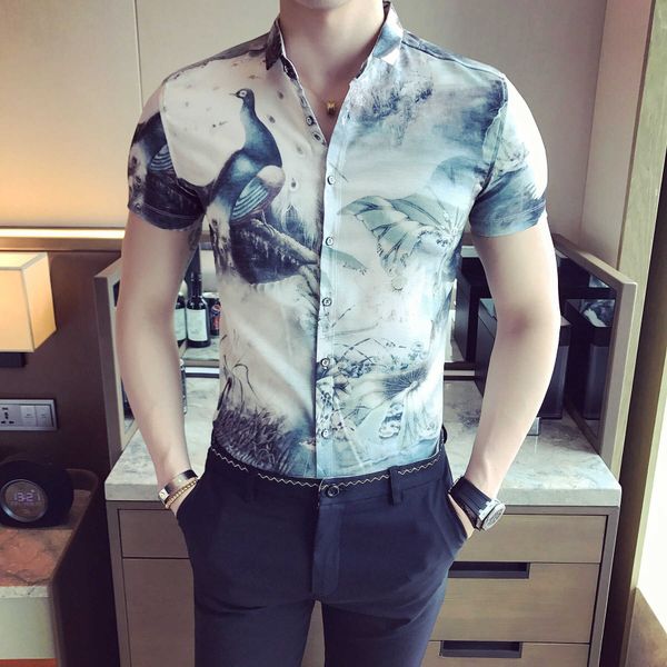 

summer men shirts short sleeve casual slim fit dress shirts peacock printing streetwear nightlub social tuxedo blouse clothing 210527, White;black