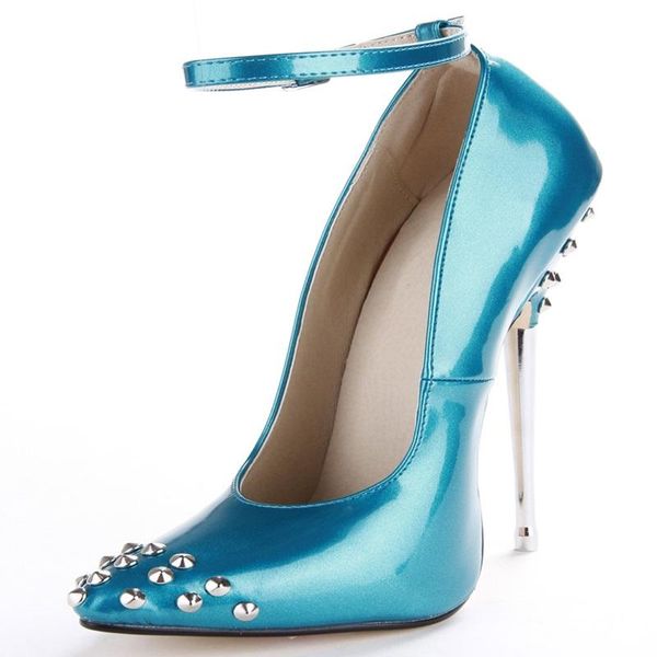 

selling blue patent leather pumps women shoes rivet pointed toe ankle strap super high metal heels club dress, Black