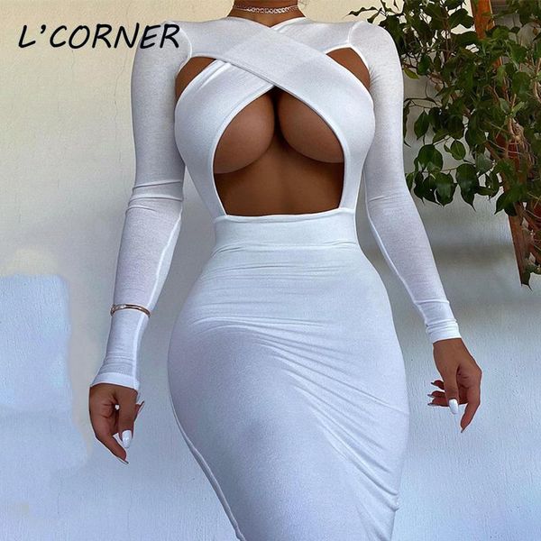 

casual dresses cross hollow out party dress long sleeve maxi for women club outfits black white bodycon, Black;gray